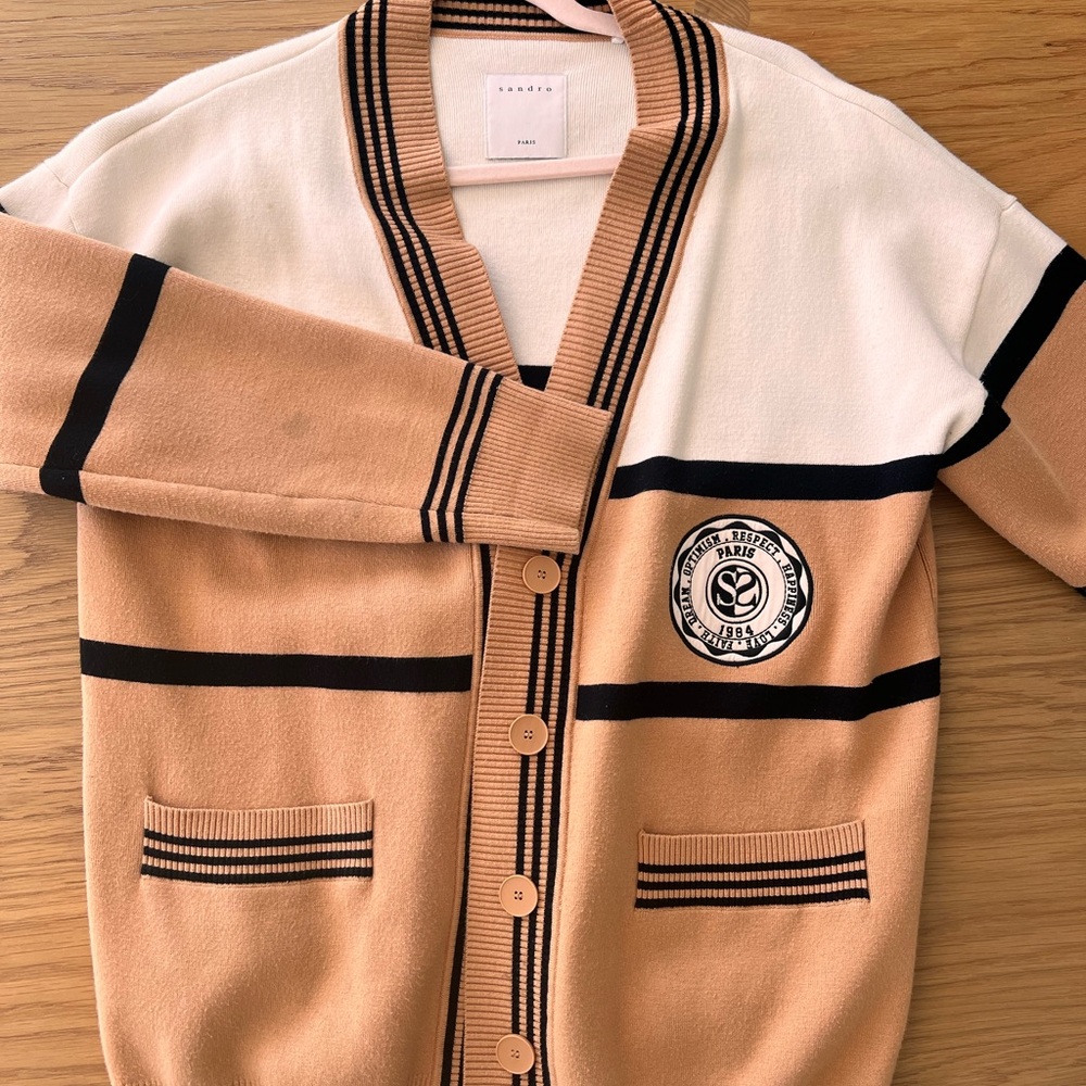 Sandro Beige and White Cardigan with Black Accents